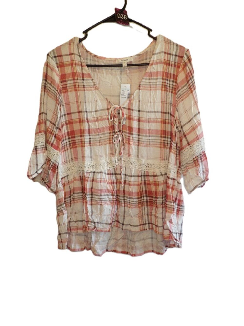 Maurices, NWT white and pink plaid blouse (Women's Medium)